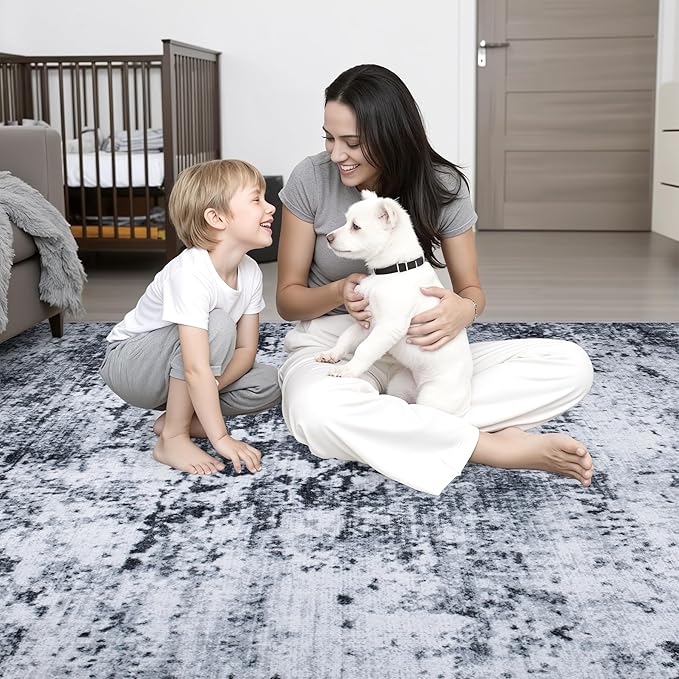 Round Area Rug for Living Room: 8 ft Washable Modern Abstract Soft Thin Rug Indoor Floor No Slip Stain Resistant Carpet for Bedroom Dining Room Farmhouse Nursery Home Office - Black