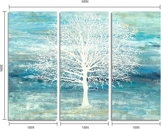 Yihui Arts Teal and Blue Canvas Wall Art - White Tree Paintings with Gold Foil - 3 Pieces Landscape Pictures for Living Room Bedroom Bathroom Decor