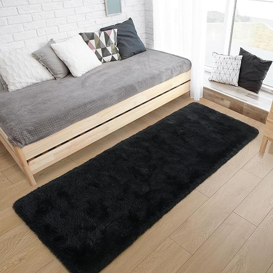 Tepook Soft Runner Rugs for Bedroom 2x6 ft with Rubber Backing, Black Fluffy Rugs for Living Room, Shag Bedside Rug Fuzzy Plush Carpet for Room, Area Rug for Dorm Nursery Hallway Indoor Home Decor