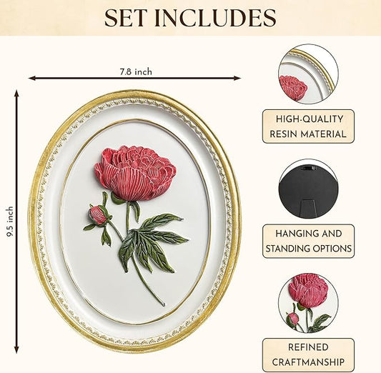97 Decor Oval Vintage Wall Sculptures For Living Room - Handcrafted 3d Peony Floral Wall Art For Home Bedroom Decorations, Modern Sculpture Flower Art For Tabletop And Walls Hanging