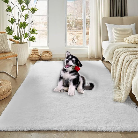 Floralux 5x7 Area Rugs for Living Room, White Shag Rug for Bedroom, Ultra Soft High-Pile Plush Indoor Carpets for Living Room, Playroom, Nursery