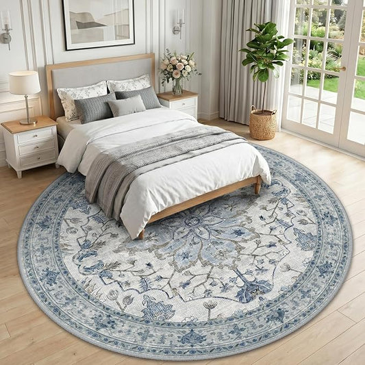 RELEANY Area Rugs Round 10ft Washable Non-Slip, Floral Vintage Distress Print Pattern Medallion Carpet for Living Room Bedroom Dining Room, Light Blue Navy Beige Gray White