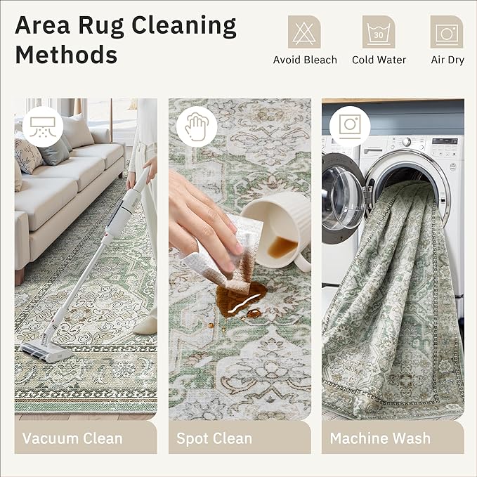 Soalmost 3x5 Rug, Small Area Rug for Kitchen, Entryway, Machine Washable Non-Slip Throw Rug, Vintage Carpet for Nursery Coffee Table Green/Brown