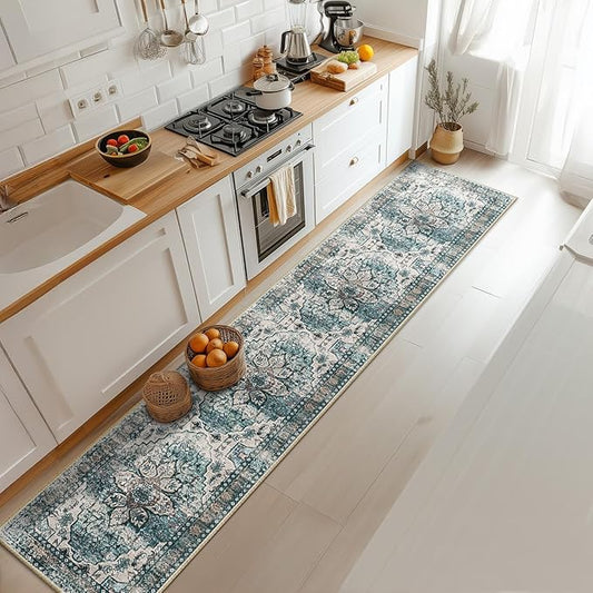 BESTSWEETIE 2x10 Area Rug Washable Rugs for Living Room, No Pile Boho Carpet for Entryway Bedroom Dinning Room, Vintage Carpet Print Distressed Non-Slip, 2 x 10 ft, Green