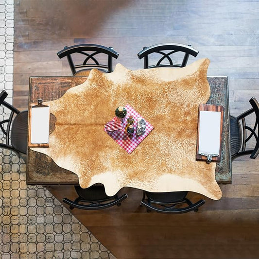 Faux Cowhide Rug 4x5 ft, Washable Non Slip Animal Print Area Rug, Khaki Brown Cow Hide Shaped Carpet for Living Room Bedroom Office Fireplace, Rustic Western Farmhouse Decor Cruelty Free