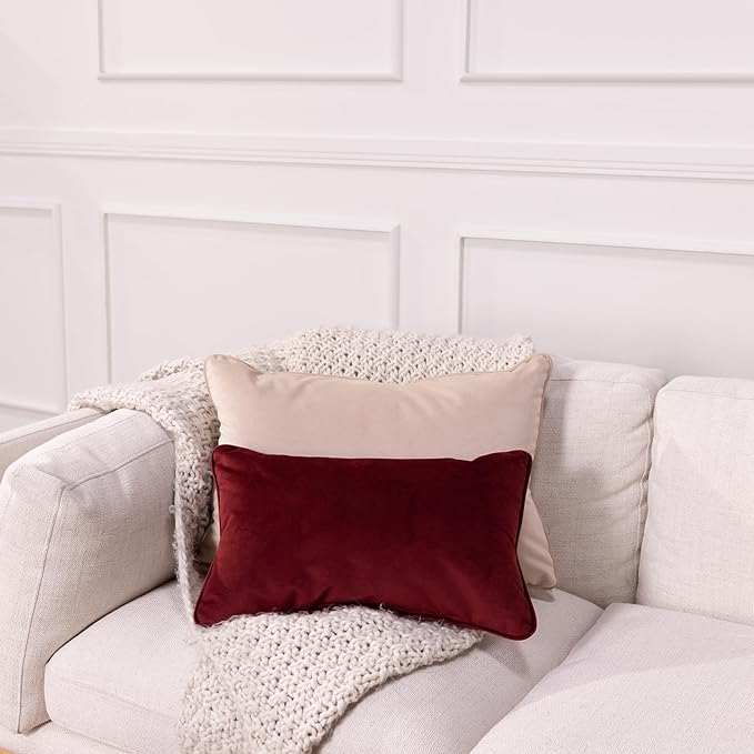 FDP 12" x 20" Velvet Rectangle Lumbar Pillow Set with Piping; Decorative Throw Pillow for Home Décor in Living Room, Bedroom or Lounge (2-Pack) - Bordeaux, 15159-349