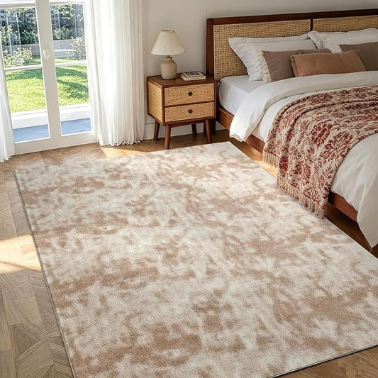 FinRèc 4x6 Washable Area Rugs for Bedroom Living Room, Low Pile Thin Ultra Soft Shag Rug, Non-Slip Carpet Indoor for Home Decor (Tie-dye Light Tan)