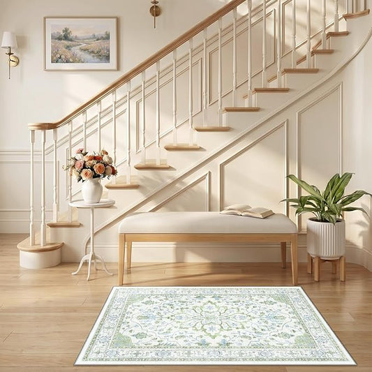 RELEANY Area Rugs 2'6"x4' Kitchen Rugs Entry Rug Small Rugs for Entryway Kitchen Bathroom Door Mat Indoor Entrance,Washable Non Slip, Green White Blue
