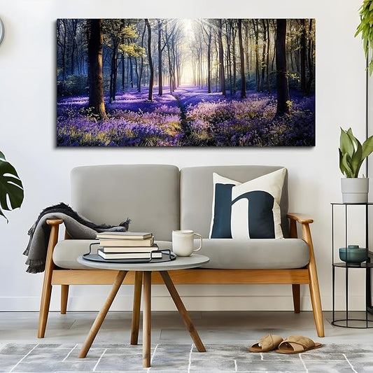 crmotu Purple Landscape Wall Art, Lavender Flower Field Large Artwork, Nature Forest Scenery Canvas Art Prints, Modern Pictures wall Decor Living Room Bedroom, Rustic Farmhouse Decor 24X48 Inches