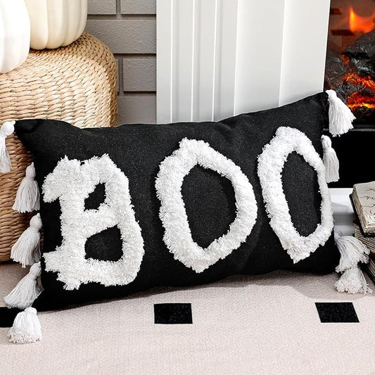 Yuntau Halloween Throw Pillow Cover with Tassels 12 x 20 Inch Decorative Boo Pillowcase Embroidery Furry Plush Boo Cushion Cover Halloween Decorations for Home Bedroom Sofa Couch Living Room Outdoor