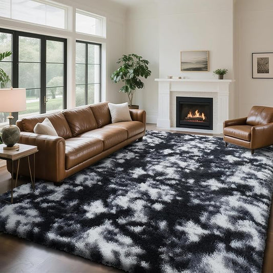 yongyangjuxin Fluffy Rug Shag Area Rug, Mottling Black 9x12 Area Rugs for Living Room, Large Shag Area Rugs for Bedroom Kids Room Home Decor, Upgrade Anti-Skid Rectangular Fuzzy Rugs