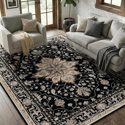 RELEANY Area Rugs 5'x7' Washable Non-Slip, Floral Vintage Distress Print Pattern Medallion Carpet for Living Room Bedroom Dining Room, Black Brown Neutral Dark Tan