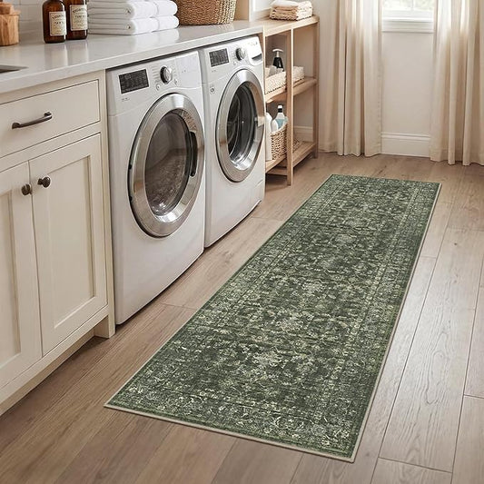 2x7 Green Runner Rug Hallway Washable Area Rugs Kitchen Vintage Boho Non Slip Long Rug Floral Carpet Indoor Retro Soft Low Pile Throw Rug for Bedroom Bathroom Laundry Dining Living Room Office
