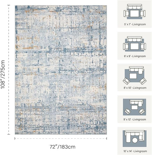 Rugxara 6x9 Washable Area Rug for Living Room, Modern Abstract Large Boho Rugs for Office, Dining Room, Kids Room, Farmhouse, Durable Low Pile Non Slip Carpet for High Traffic Areas, Blue Beige