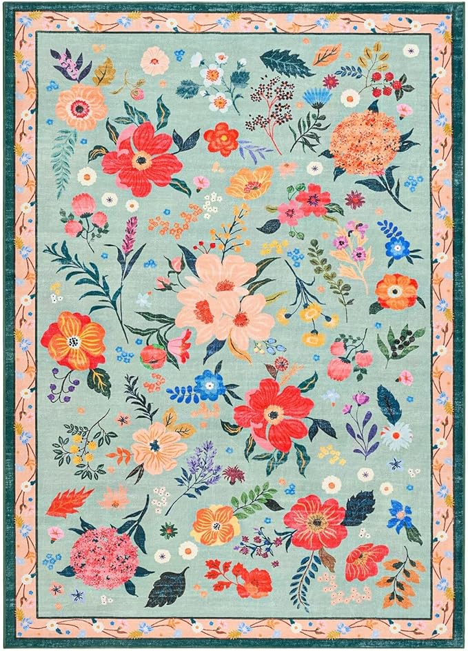Macgace 3x5 Floral Rug for Girls Bedroom, Machine Washable Area Rugs with Non Slip Backingfor Living Room, Cute Flowers Carpet Kitchen Dining Room Kids Playroom Decor, Light Green