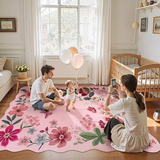 Lahome Floral Living Room Rugs, Pink Area Rugs 5x7 Rug for Bedroom Ultra-Thin Soft Rug, Non-Slip Washable Rugs Throw Boho Rug for Nursery Playroom Classroom Flore (5x7ft, Pink)