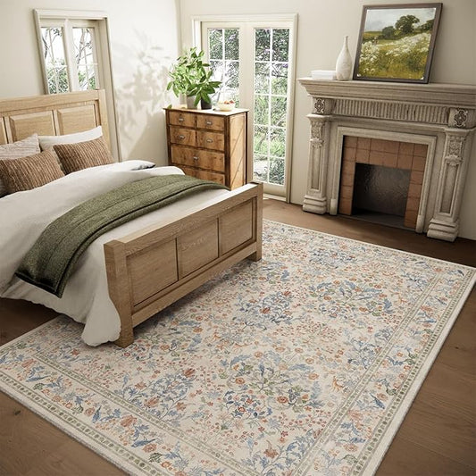 Washable Area Rugs for Living Room: 5x7 Bedroom Rug Vintage Area Rug Stain Resistant Non Slip Low Pile Lightweight Soft Carpets for Dining Room Kitchen Nursery Kids Room Farmhouse Indoor