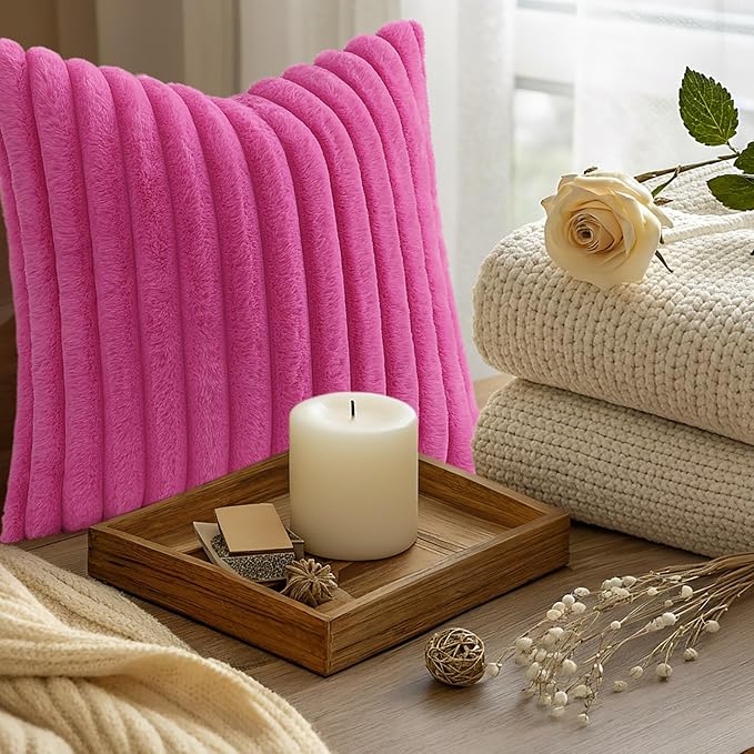 decorUhome Summer Cozy Faux Fur Throw Pillow Covers 22x22 Set of 2 Decorative Soft Plush Striped Modern Farmhouse Boho Couch Euro Sham Pillow Cases with Velvet Back for Sofa Bed Living Room, Hot Pink