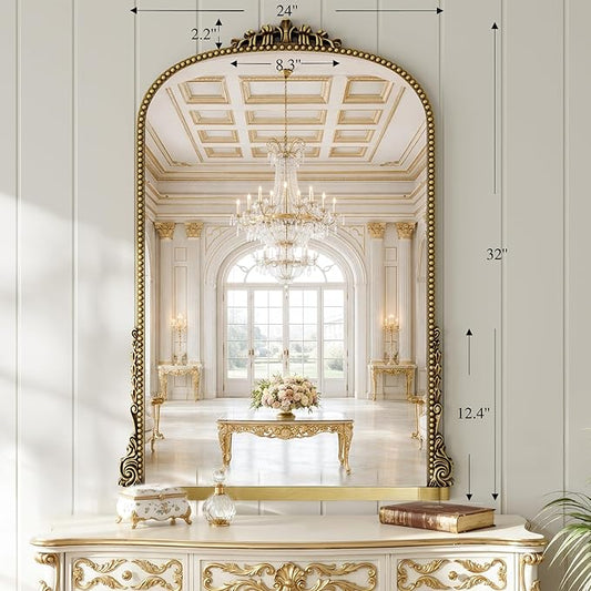 Vintage Gold Ornate Baroque Mirror - 40"X29" Arched Antique Brass Mirror with Full Frame - Traditional Decorative Wall Mounted Mirrors for Wall/Mantel/Entryway/Hallway - Home Decor for Living Room