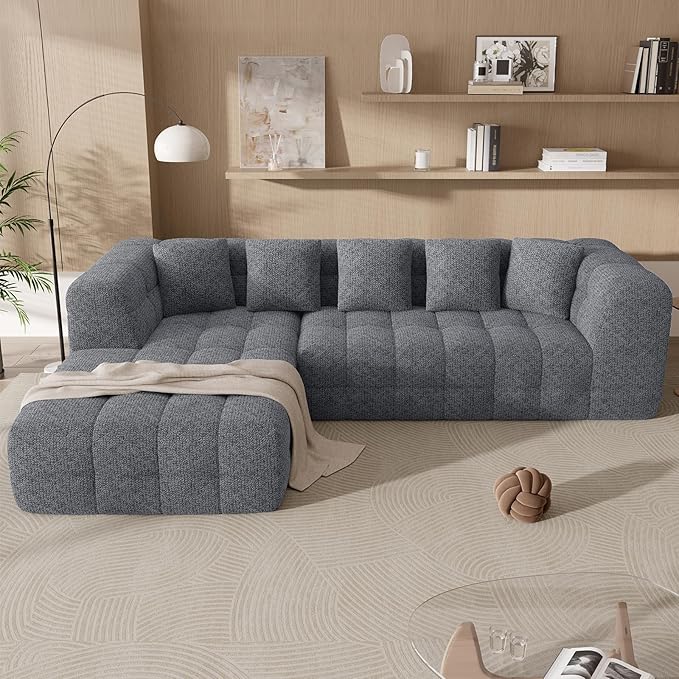 107" Boneless Couch with L - Shaped Chaise, Modern Chenille Modular Sectional Sofa with Tufted Design, Comfy Upholstered Sofa, No - Assembly Sectional Couch, Dark Grey