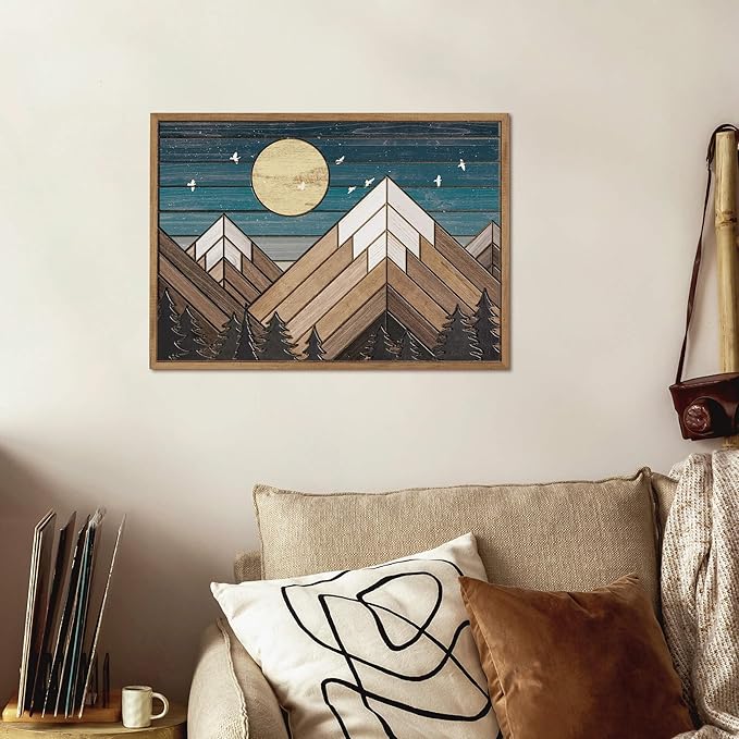 Putuo Decor Wooden Mountain Wall Art, Moon Over Mountain Nature Wilderness Wood Wall Sign Western Decor, Rustic Cabin Adventure Wall Decor for Living Room Bedroom