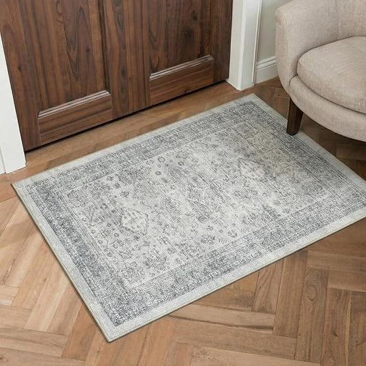 GENIMO 5FT Round Area Rugs for Living Room, Circle Rugs Machine Washable Low Pile, Chenille Non Slip Vintage Rug for Bedroom, Dining Room, Home Office, Grey