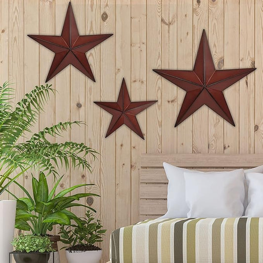 VIVICOMFY 6" 9" 12"(3pieces Red Black Barn Star Texas Stars Art-Metal Stars for Outside Rustic Vintage Western Wall Decor Country Home Farmhouse Wall Decorations