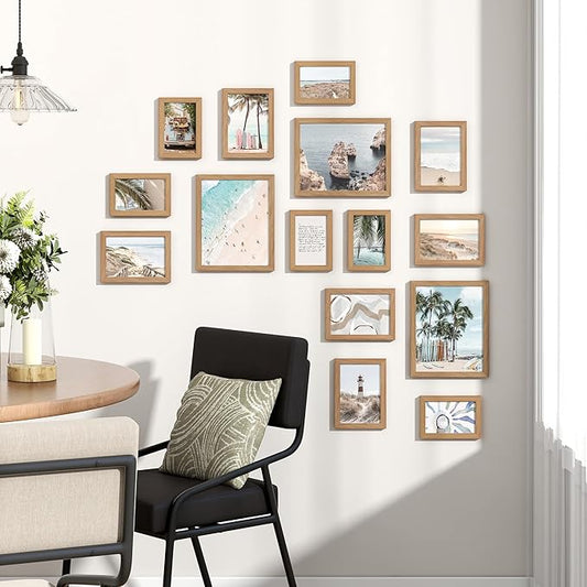 Venusmiles 15 Pack Picture Frames Collage Wall Decor, Gallery Frame Set for Wall Mounting or Tabletop Display, Multi Sizes Including 3pcs 8x10, 6pcs 5x7, 6pcs 4x6, Oak