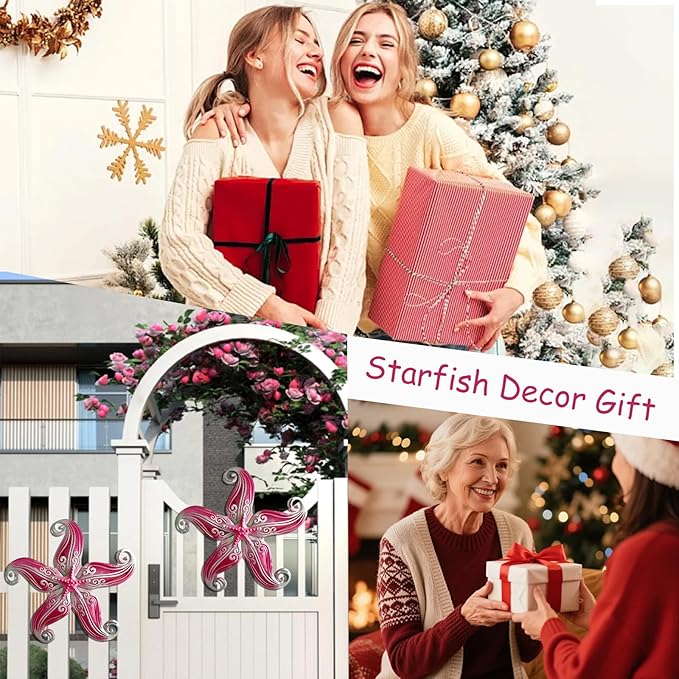 POXOHO Starfish Outdoor Wall Decor Art, 12" Hanging Metal & Glass Sculpturefor Indoor Outdoor, Starfish Yard Patio Fence Garden Decorations(Pink)