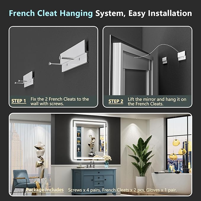 38x38 LED Bathroom Mirror with Lights, Backlit and Front Lit Anti-Fog Lighted Vanity Mirrors for Bathroom Wall, Dimmable, 3-Color Light, Memory, Shatter-Proof, HD Tempered Glass, CRIļ¼90