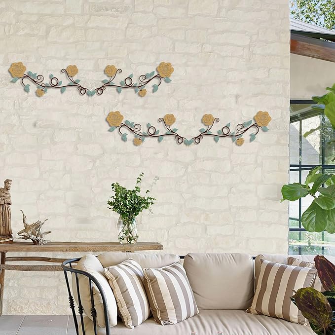 Pinetree Art 2 Pieces Metal Flower Wall Art Modern Vintage Rose Floral Branch Wall Decor for Living Room Hallway Bathroom (Yellow)
