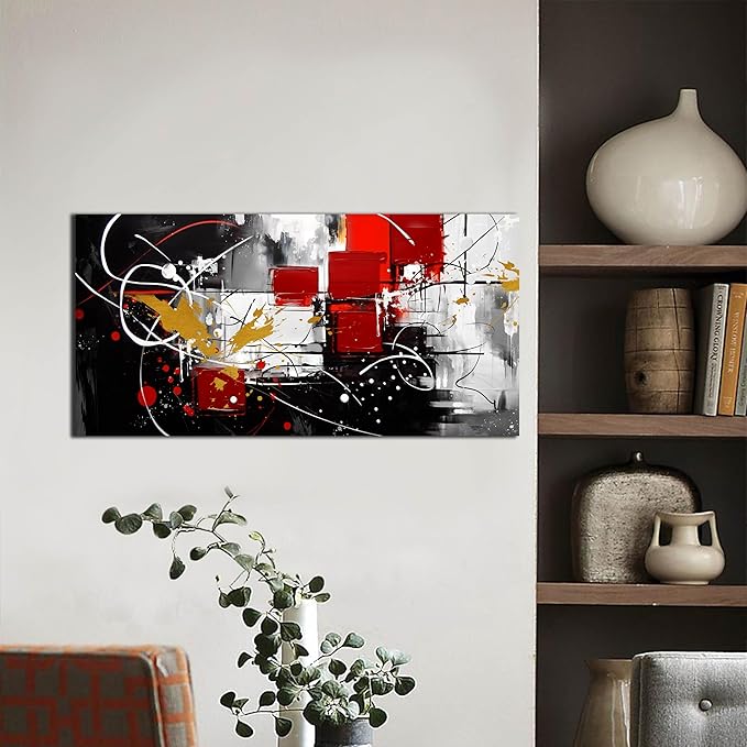 ANCXWOTER Abstract Wall Art for Living Room Black Canvas Wall Art Modern Grey Red Line Artwork for Bedroom Office Home Decor Canvas Prints 20x40 Inch