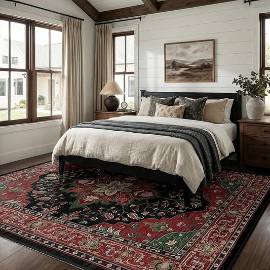 RELEANY Area Rugs 9'x12' Washable Non-Slip, Floral Vintage Distress Print Pattern Medallion Carpet for Living Room Bedroom Dining Room, Red Black