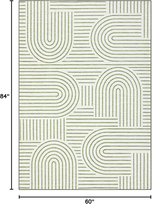 ROYHOME Washable Rug 5x7 Area Rugs for Living Room, Abstract Rug for Bedroom, Soft Rainbow Non Slip Throw Rugs with Rubber Back, Low Pile Stain Resistant Boho Geometric Carpet for Dining Room, Green