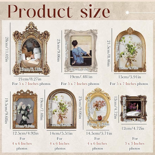 Wonderjune 7 Pcs Vintage Picture Frames Set with Glass Front Antique Gold Gallery Wall Frames 7x9 6x8 5x7 4x6 2x3, Baroque for Home Decor Photography Props Gifts, Wall or Tabletop (Victorian)
