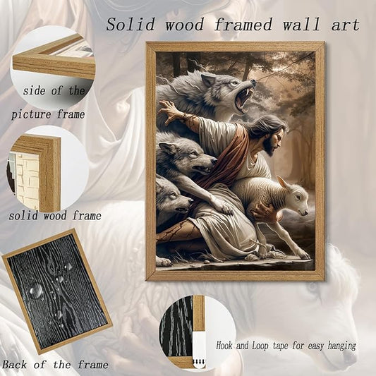 Framed Jesus and Lamb Canvas Wall Art Jesus Saves The Lost Lamb Picture Wall Decor God Protect A sheep From Wolves Painting Print Christian Poster Artwork for Living Room Bedroom Church (24x36 in)