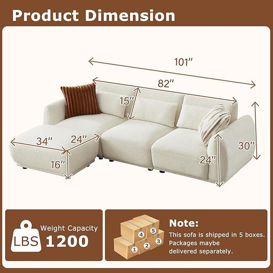 L Shaped Modular Sectional Couch with Removable Ottoman, Convertible Cloud Sofa for Living Room,Comfort Small Couch for Small Spaces(3 Set + 1 Ottomans - White)