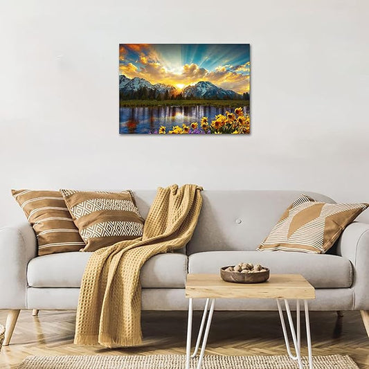 SKASNFAI Grand Teton National Park Wall Art Sunflower Landscape Canvas Mountain Artwork Landscape Print for Living Room Framed (20x30 inch)