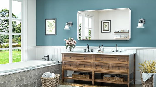 TokeShimi 48 x 24 Inch Bathroom Mirror White Vanity Wall Mirror with Metal Frame Aluminum Alloy Rounded Corner for Modern Farmhouse Wall Decor 1βDeep Set Design (Horizontal/Vertical)
