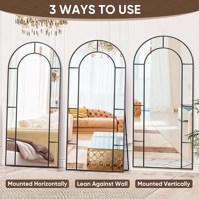 Antok 71" x 28" Full Length Mirror, Floor Mirror Arched Window Decorative Mirror, Metal Framed Decor Farmhouse Floor Mirrors Art Pane Mirrors Wall Decor for Bedroom, Living Room, Entryway Black