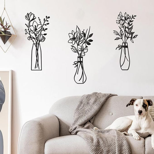 Zzbakress 3 Pcs Metal Flowers Wall Arts Rustic Farmhouse Decor Bathroom Wall Decor Metal Wall Decor for Living-room Dining-Room Kitchen Minimalist Decor Housewarming Gifts(Black)