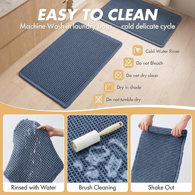 MIULEE Set of 2 Waffle Bathroom Rugs, Boho Bath Rugs Non Slip Washable, Super Absorbent Bath Mats, Ultra Soft Rubber Backed Shower Mats for Bathroom Floor, Tub and Shower, Blue, 18x30 Inch