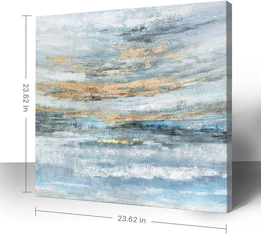 Abstract Canvas Wall Art Framed Light Blue Canvas Print Coastal Theme Artwork Modern Ocean Skyline and Sunset & Sunrise in the Seaside Large Sea Picture for Home Bedroom Decor 24x24inch