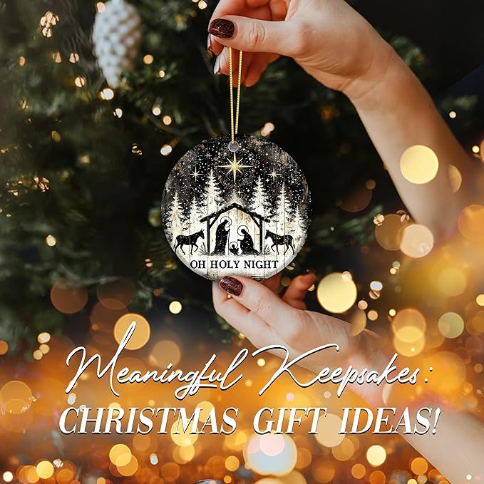Oh Holy Night Nativity Ornament 2025 – Gift for Congregation, Rustic Christian Décor Featuring Manger Scene with Baby Jesus, Mary, Joseph, Star of Bethlehem, Religious Keepsake for Faith-Based
