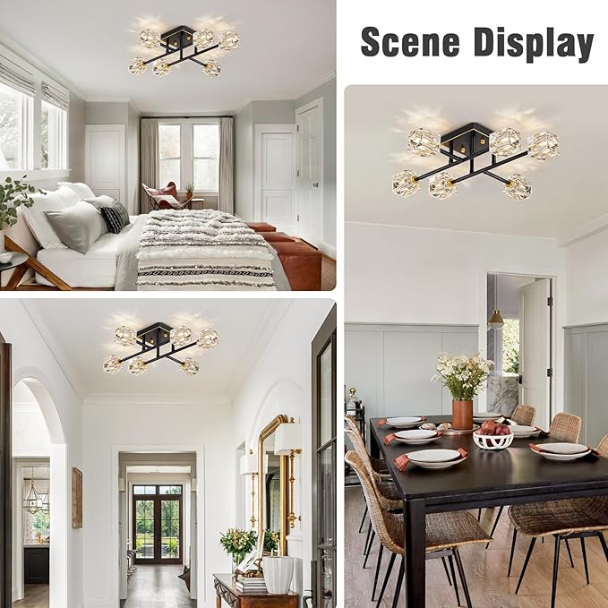 6-Light Modern Sputnik Ceiling Light Fixture,Crystal Semi Flush Mount Ceiling Light with K9 shade,Farmhouse Black and Gold Chandeliers for Dining Room,Bedroom,Living Room,Kitchen Island,Entryway