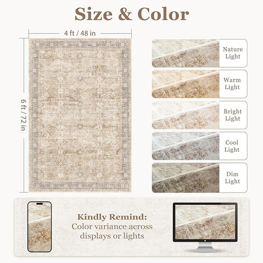 Beige 4x6 Washable Rug, Small Area Rugs for Entryway Kitchen Bathroom with Rubber Backing Non Slip, Vintage Neutral Low Pile Thin Throw Carpet Rug for Foyer/Nursery/Home Office/Living Room