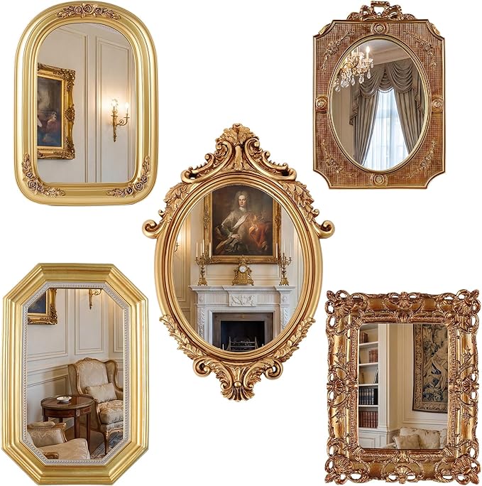 Wonderjune 5 Pcs Vintage Mirrors for Wall Decor Gold Antique Resin Frame Oval Rectangle Mirror for Home Decor Photography Props Gifts (Baroque Style)