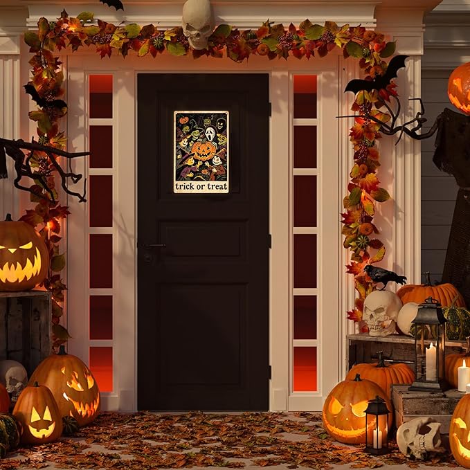 Halloween Metal Sign | Pumpkin, Witch & Kid Design | Man Cave Decor Spooky Festival Decor for Home Wall, Party Backdrop & Yard | Ideal for Halloween Enthusiasts & Family Gatherings 8x12in