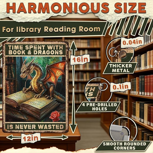 Tin Dragon Metal Sign Vintage Time Spent With Books And Dragons Is Never Wasted Vintage Sign Quote Rustic Library Decor for Study Office Home 12x16 Inch