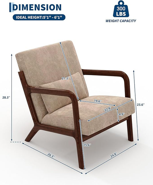 Garvee Mid-Century Modern Accent Chair, Wide-Wale Corduroy Upholstery, Solid Wood Armchair with Removable Lumbar Pillow, Sturdy Reading Chair for Living Room, Bedroom, Guest Room, Easy Assembly, Brown